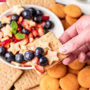 Graham cracker with red white and blue fruit salsa on top.