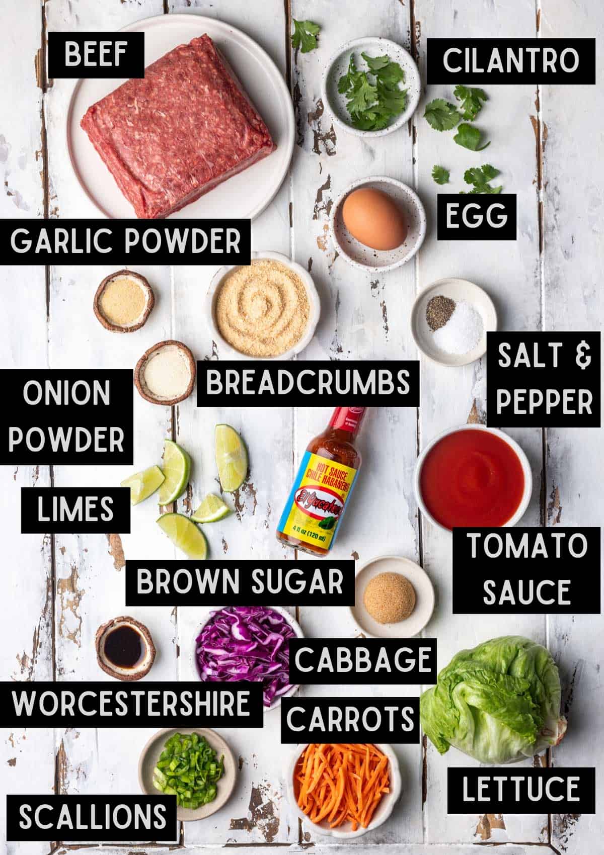 Labelled ingredients for spicy meatballs (see recipe for details).