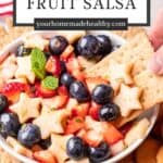 Pin graphic for red, white, and blue fruit salsa.