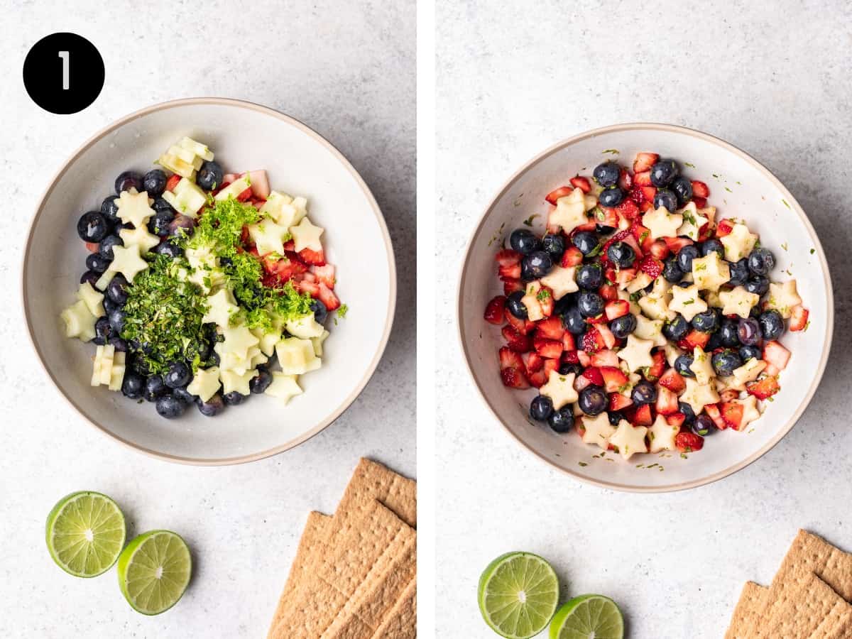 Fruit, lime zest, and lime juice in a mixing bow. Then, mixed together.