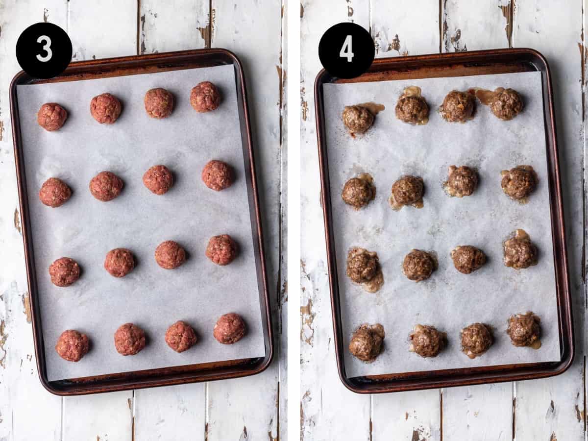 Meatballs rolled into balls and placed on a baking sheet before and after cooking.