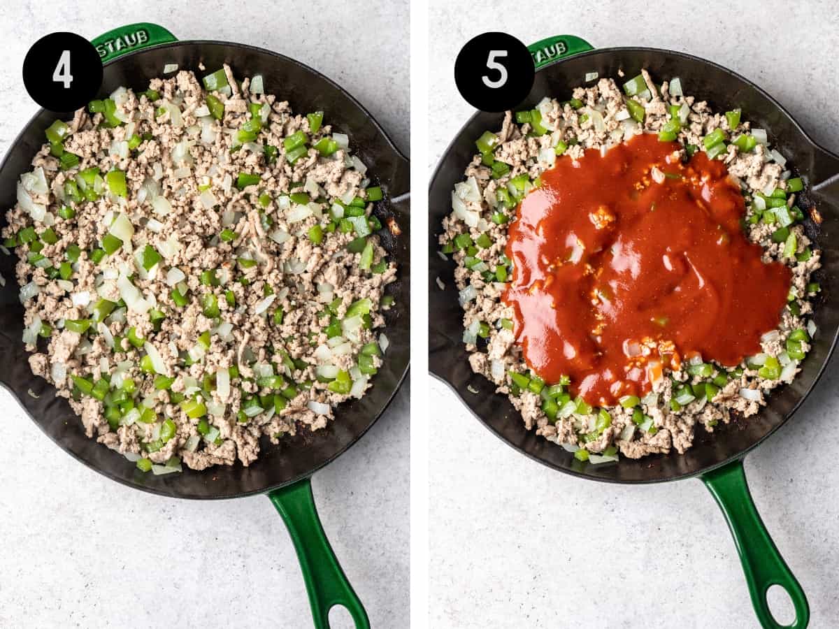 Ground turkey, onions, and bell pepper in a skillet. Sauce added on top.