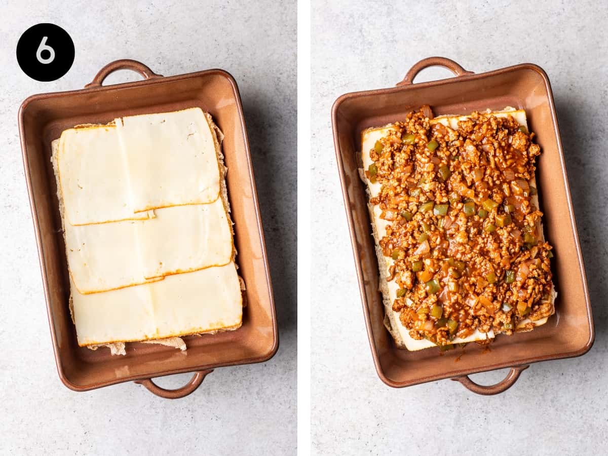 Slider buns and muenster cheese in a baking dish. Then, topped with sloppy joe mixture.