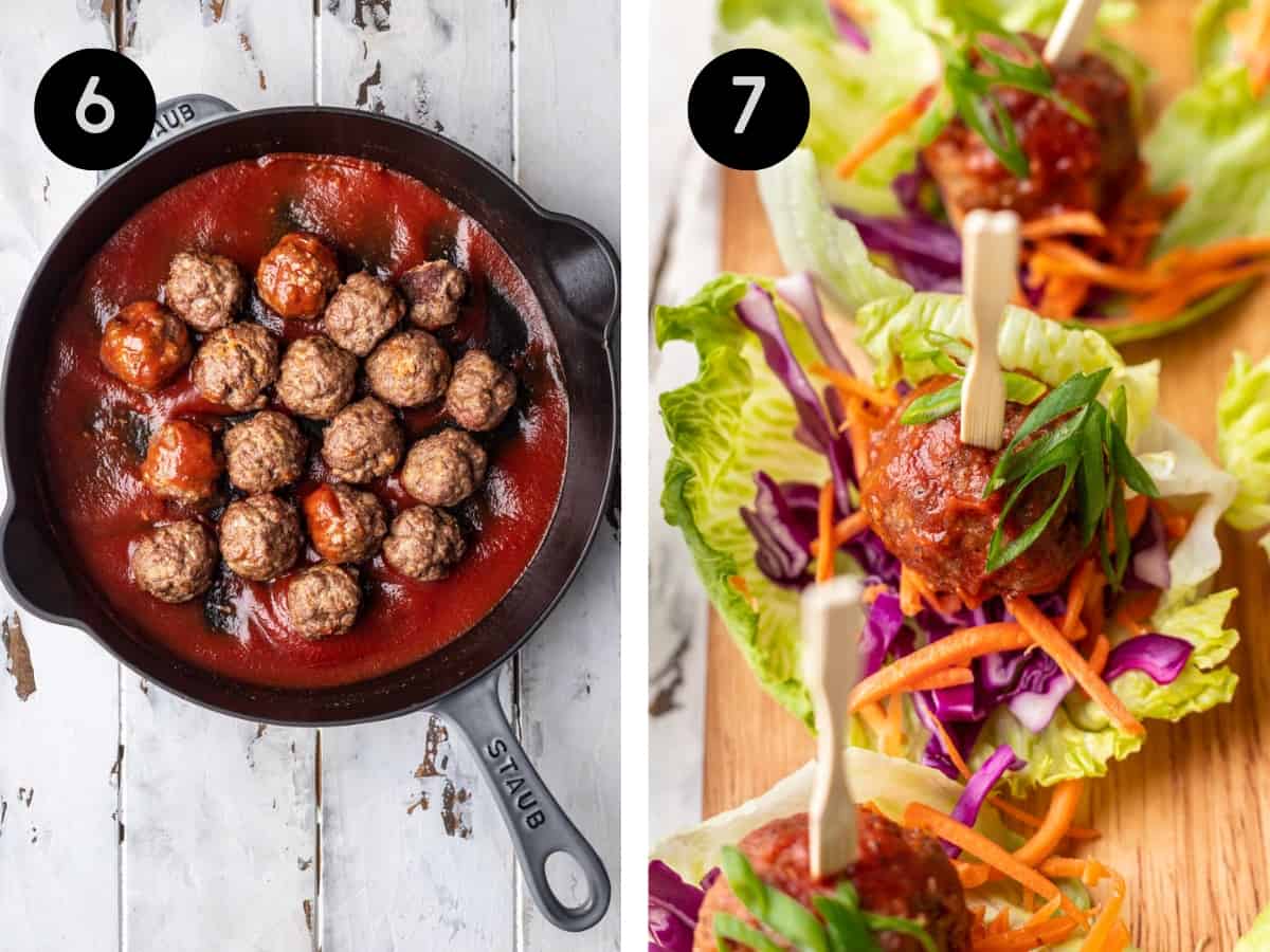 Spicy meatballs in sauce then added on top of lettuce cups with toppings.