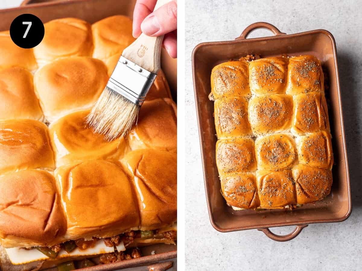 A brush brushing olive oil on top of slider buns. Then buns seasoned with italian seasoning.