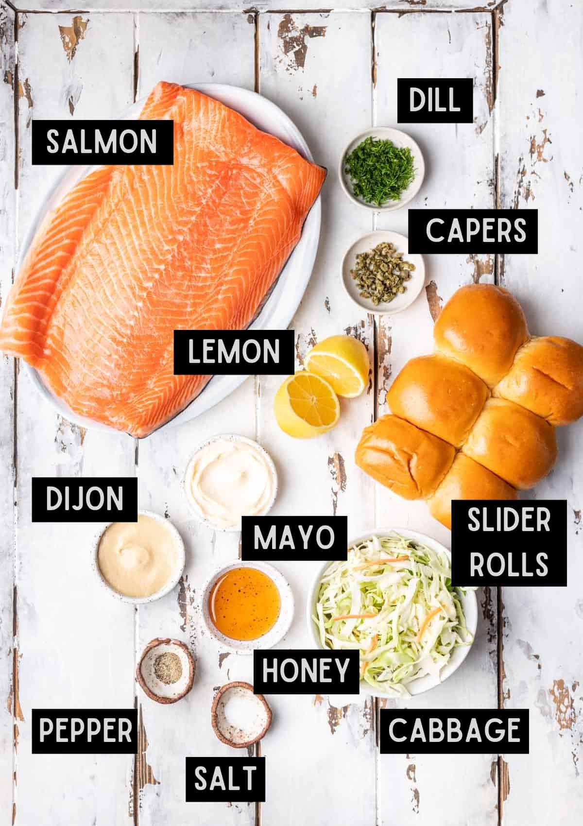 Labelled ingredients for salmon sliders (see recipe for details).