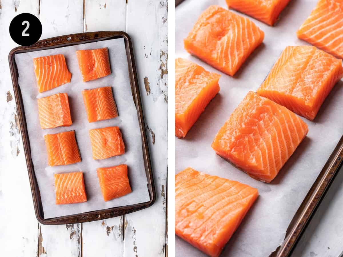 Salmon cut into small bun-sized pieces.