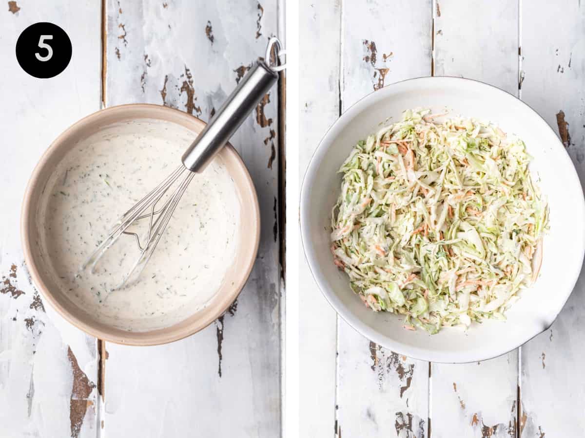 Dressing for caper dill slaw in a bowl, then cabbage added to make coleslaw.