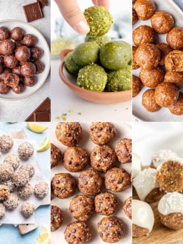 6 bliss balls recipes, date balls, matcha balls, peanut butter balls, apricot balls, lemon balls, and carrot cake balls.