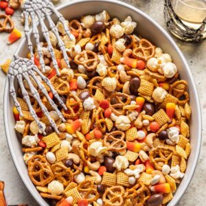 Halloween trail mix in a large serving bowl.
