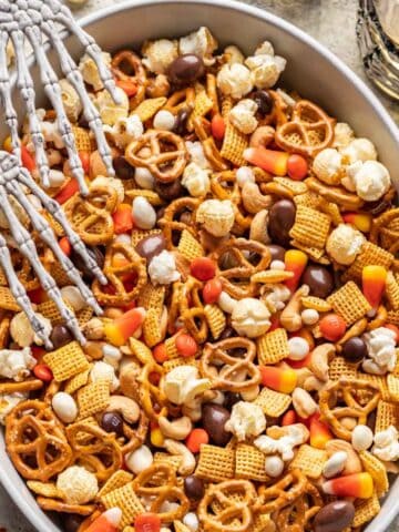 Halloween trail mix in a large serving bowl.