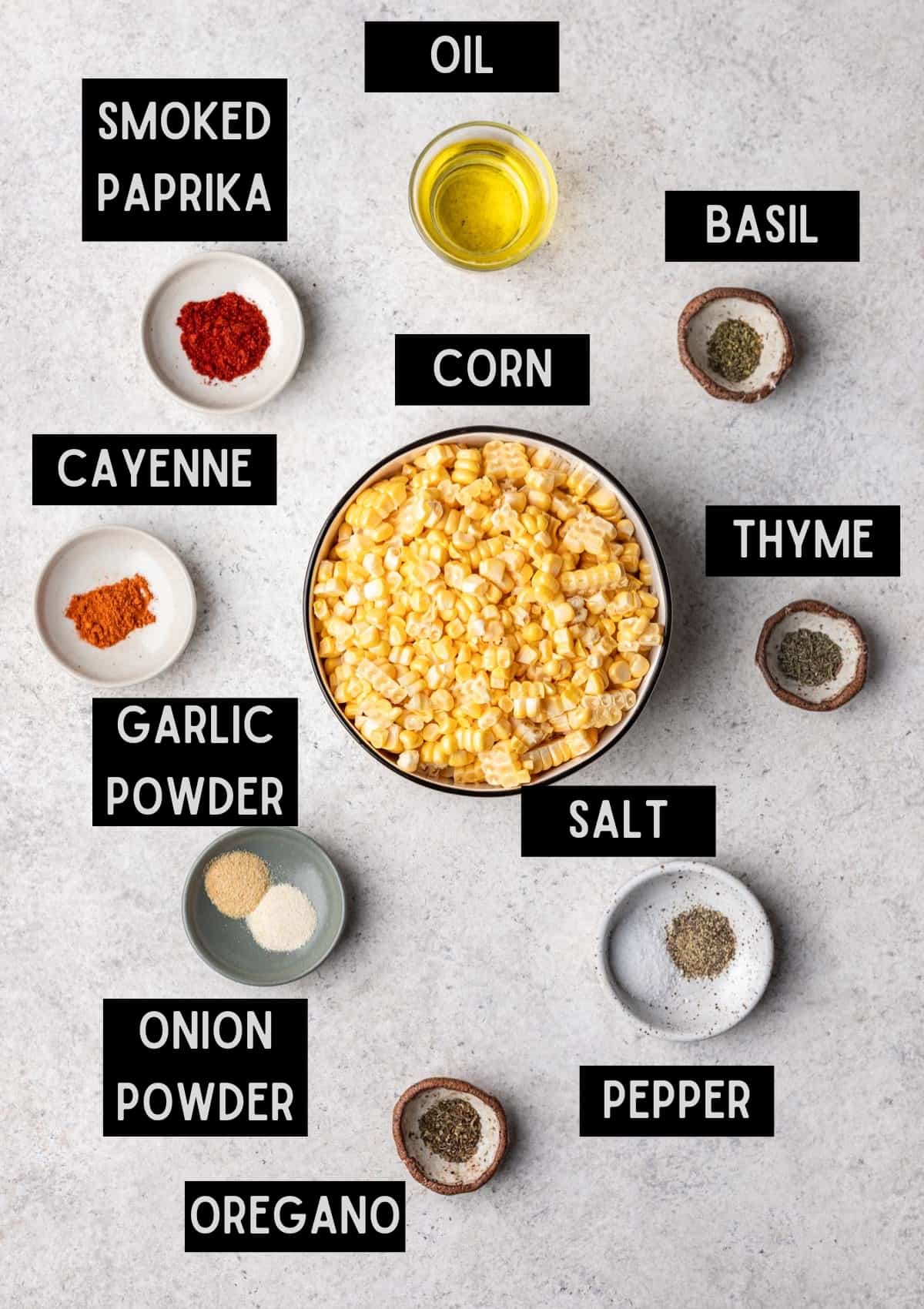 Labelled ingredients for blackened corn (see recipe for details).