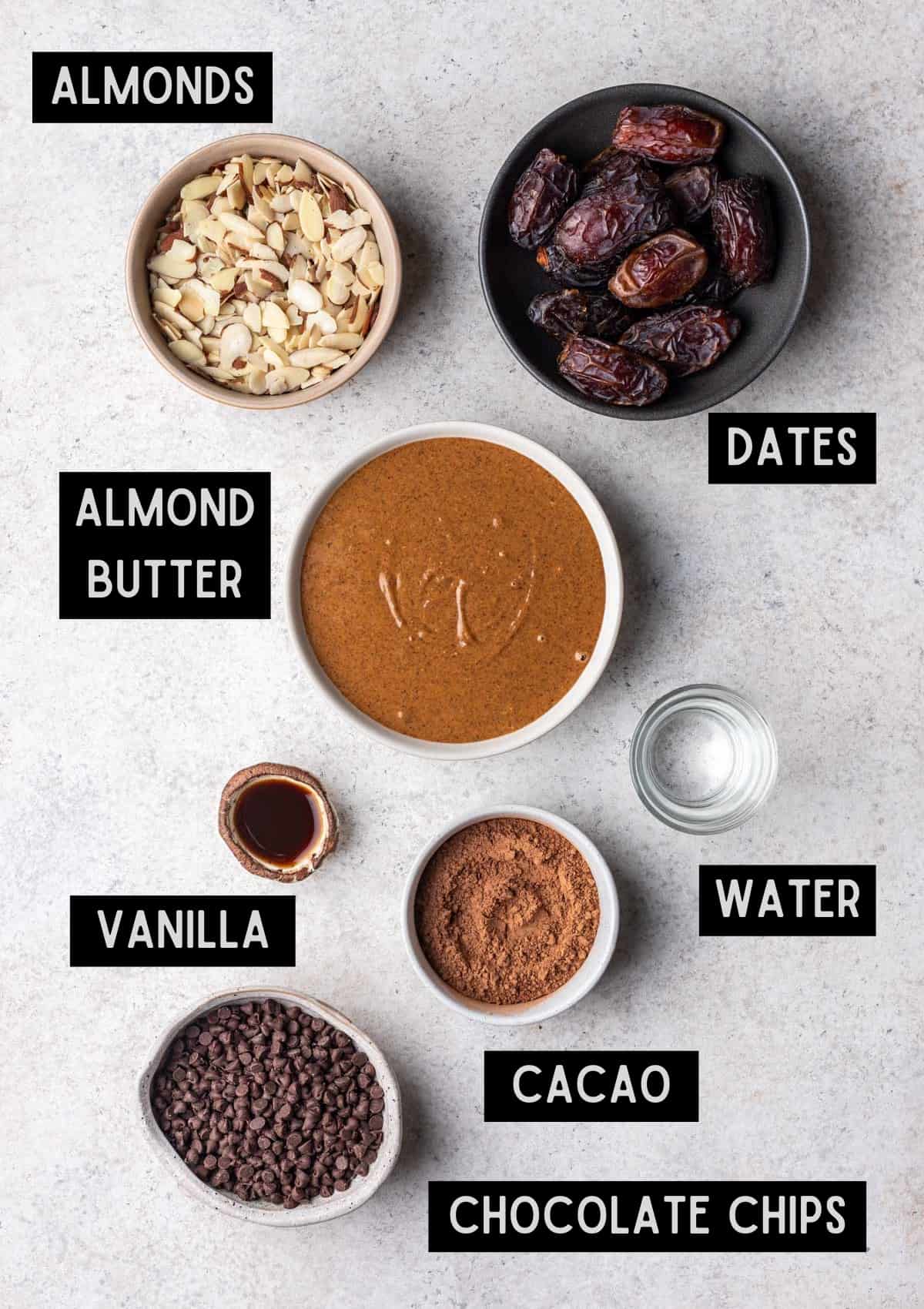 Labelled ingredients for chocolate bliss balls (see recipe for details).