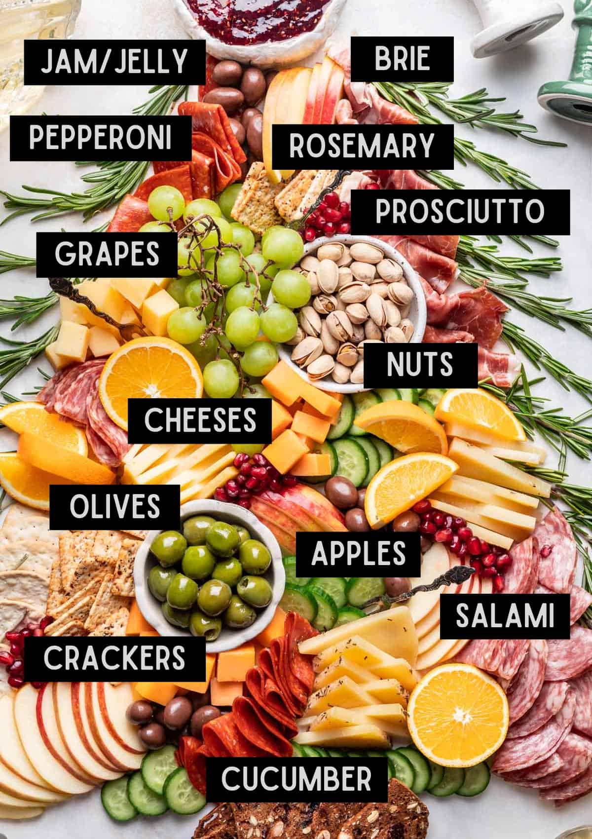 Labelled ingredients for Christmas charcuterie board (see recipe for details).