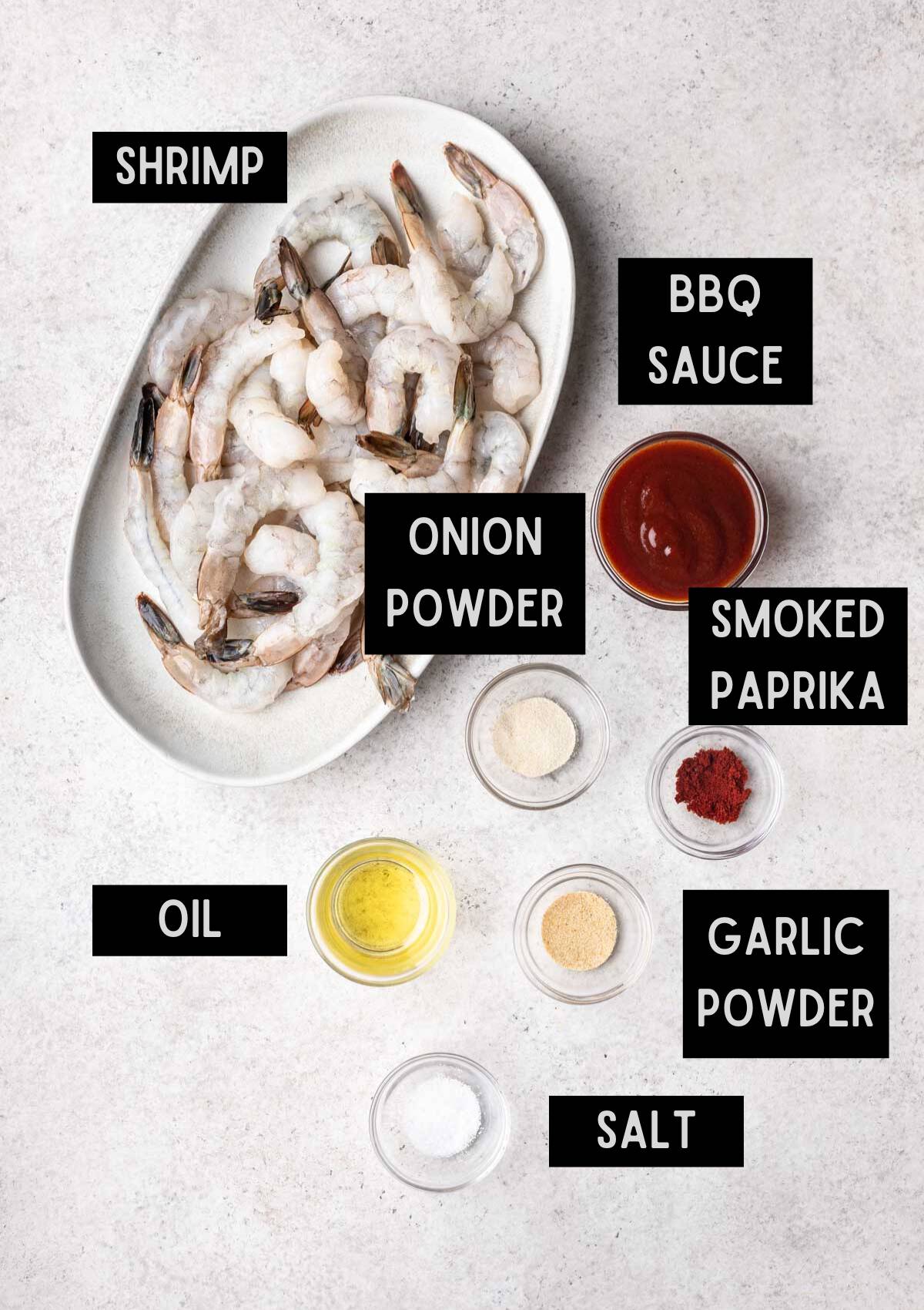 Labelled ingredients for grilled shrimp (see recipe for details).