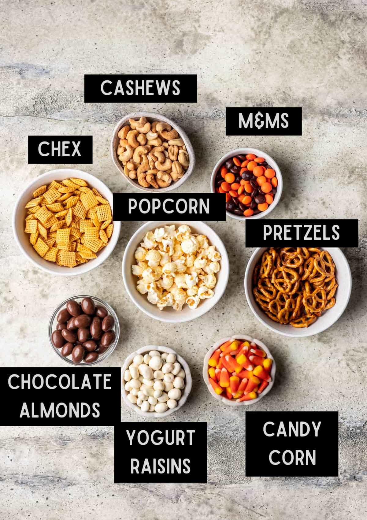 Labelled ingredients for Halloween trail mix (see recipe for details).