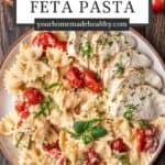 Pin graphic for chicken feta pasta.