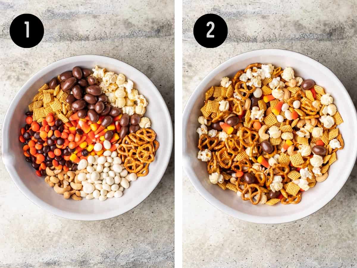 Ingredients for halloween trail mix in a large mixing bowl.