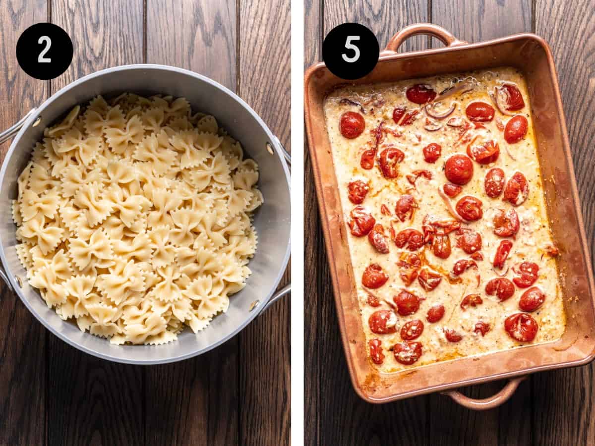 Cook bowtie noodles in a pot. Cooked feta, onions, and cherry tomatoes in a baking dish.