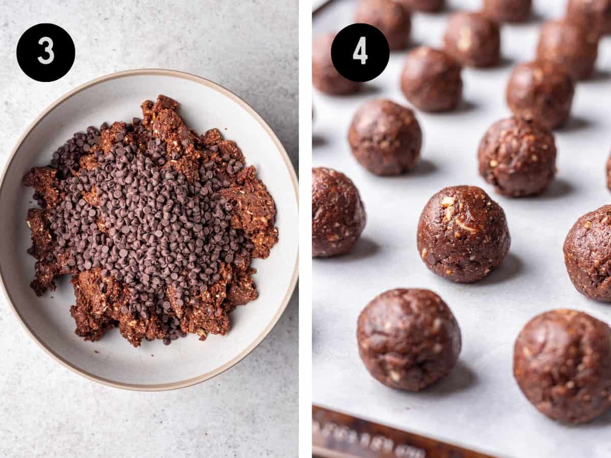 Chocolate bliss ball mixture in a bowl with chocolate chips, then rolled into balls.