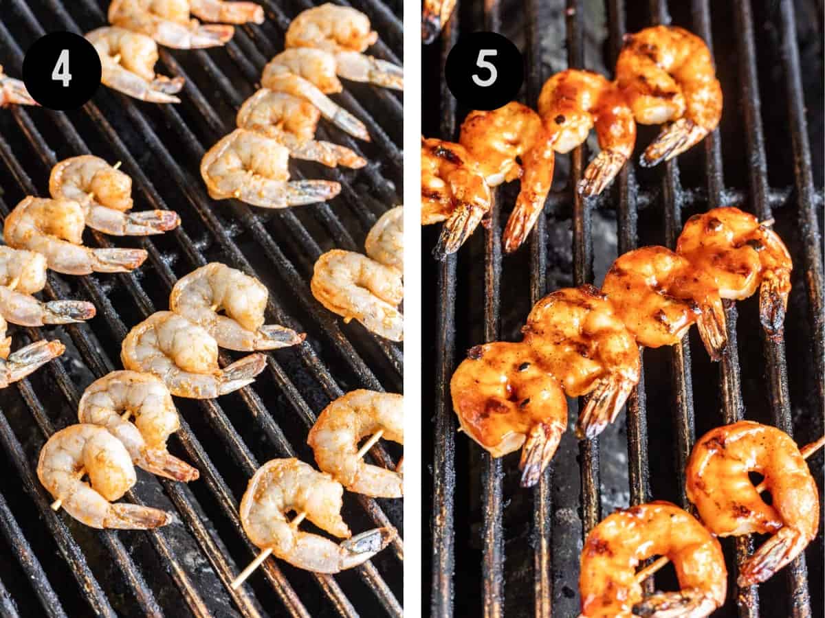 Shrimp before and after cooking on a BBQ grill.