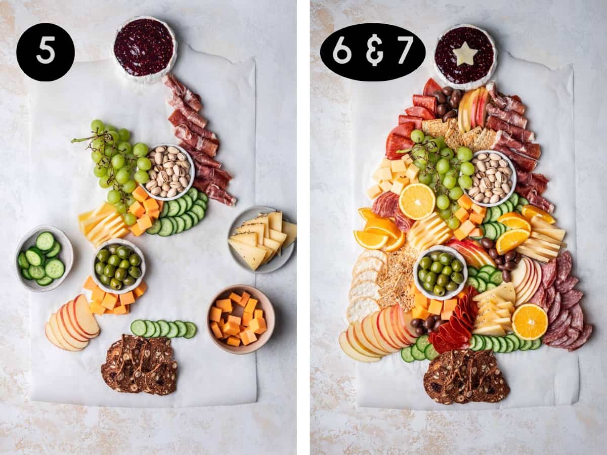 Items arranged to create a Christmas charcuterie board in the shape of a tree.