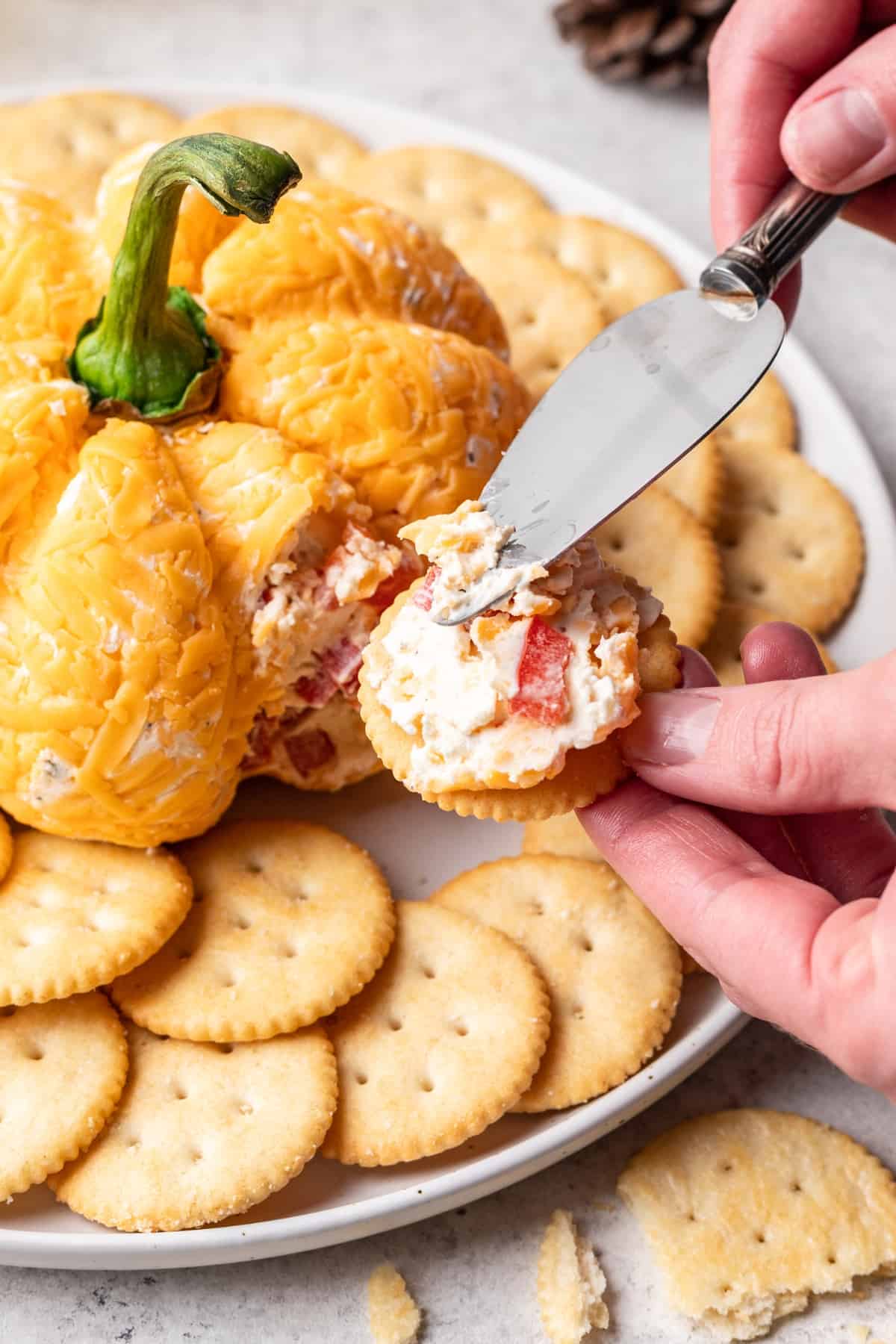 Pumpkin cheese ball spread on a cracker.