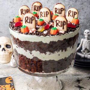 Halloween trifle with layers of pistachio cream and chocolate brownies.