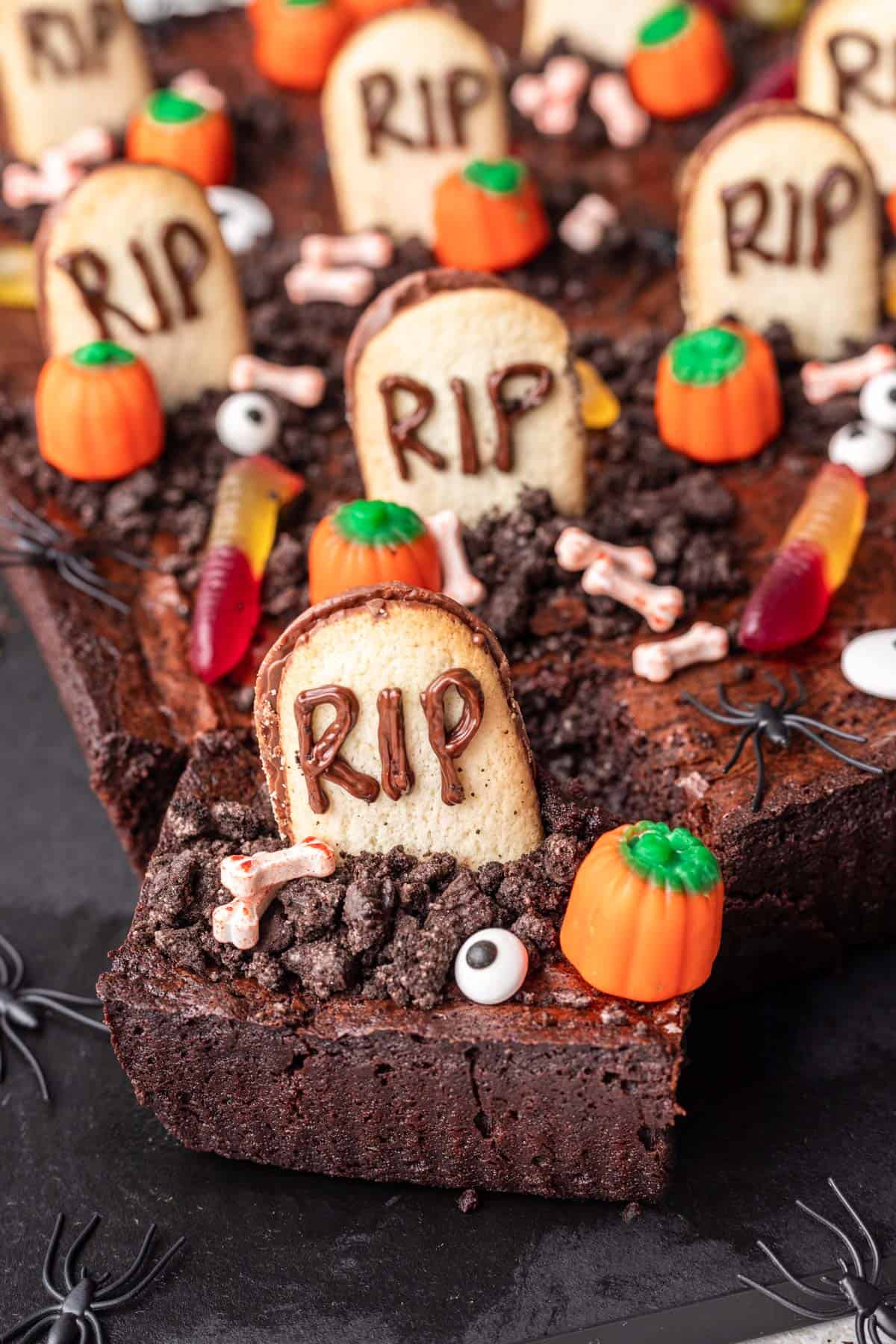 Graveyard brownies cut into bit-sized squares.