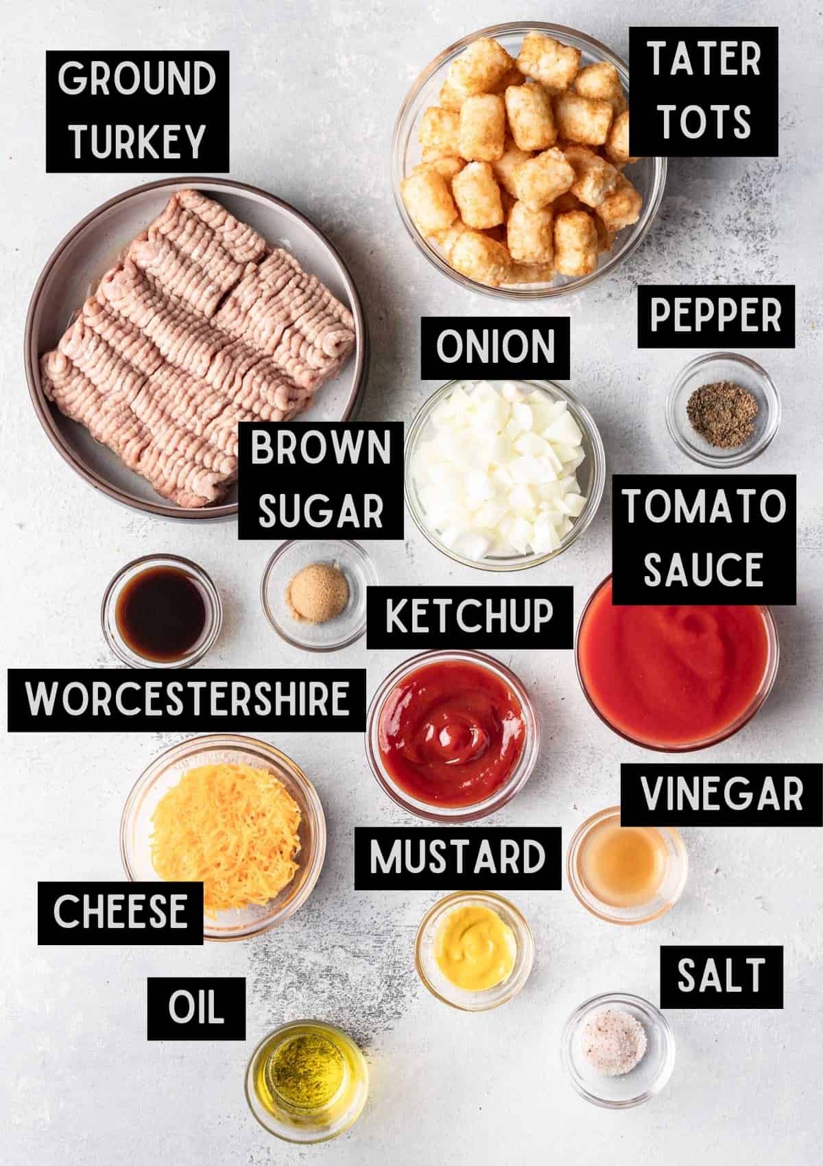 Labelled ingredients for cheeseburger tater tot casserole (see recipe for details).