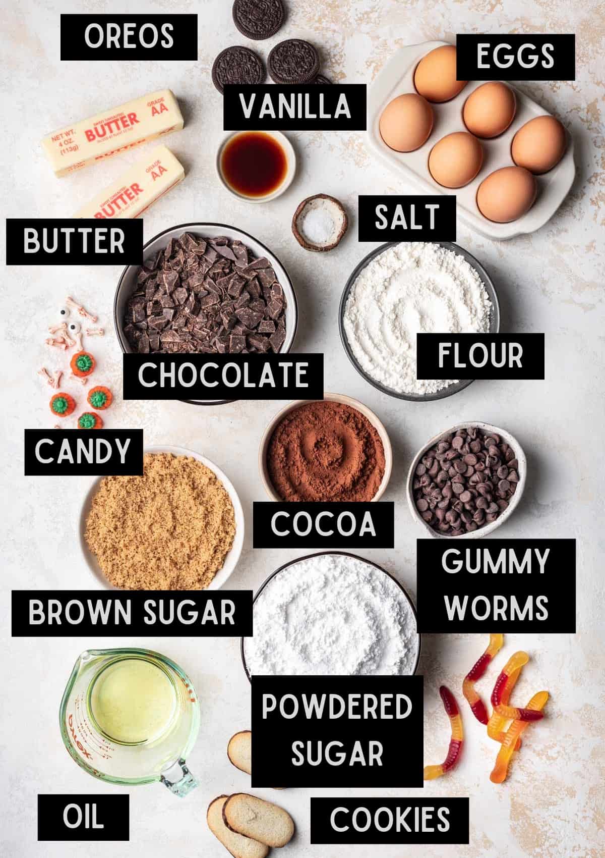 Labelled ingredients for graveyard brownies (see recipe for details).