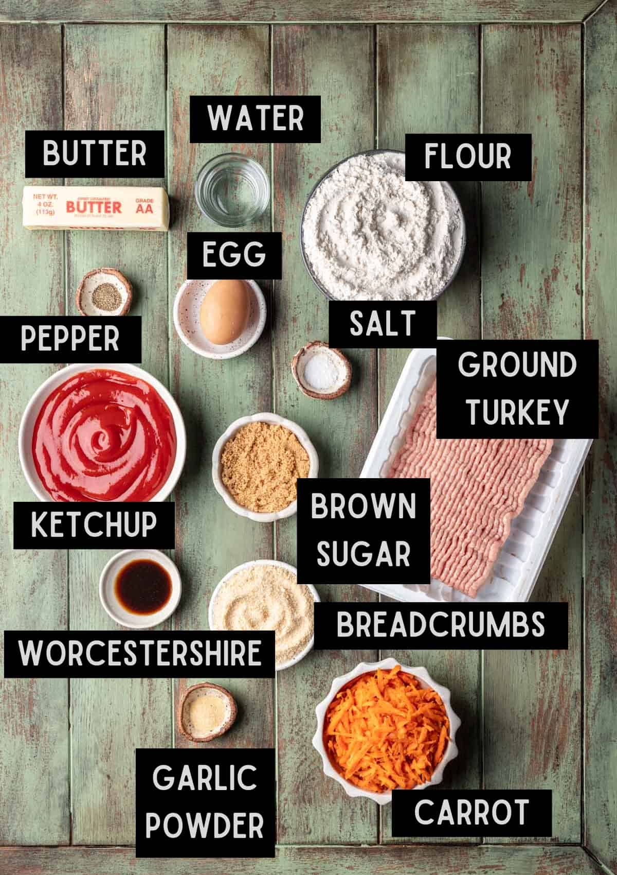 Labeled ingredients for mummy meatloaf (see recipe for details).