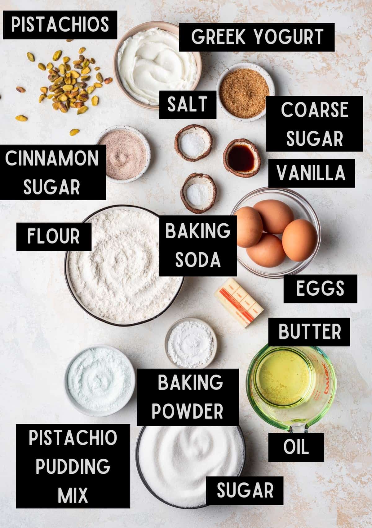 Labelled ingredients for pistachio muffins (see recipe for details).