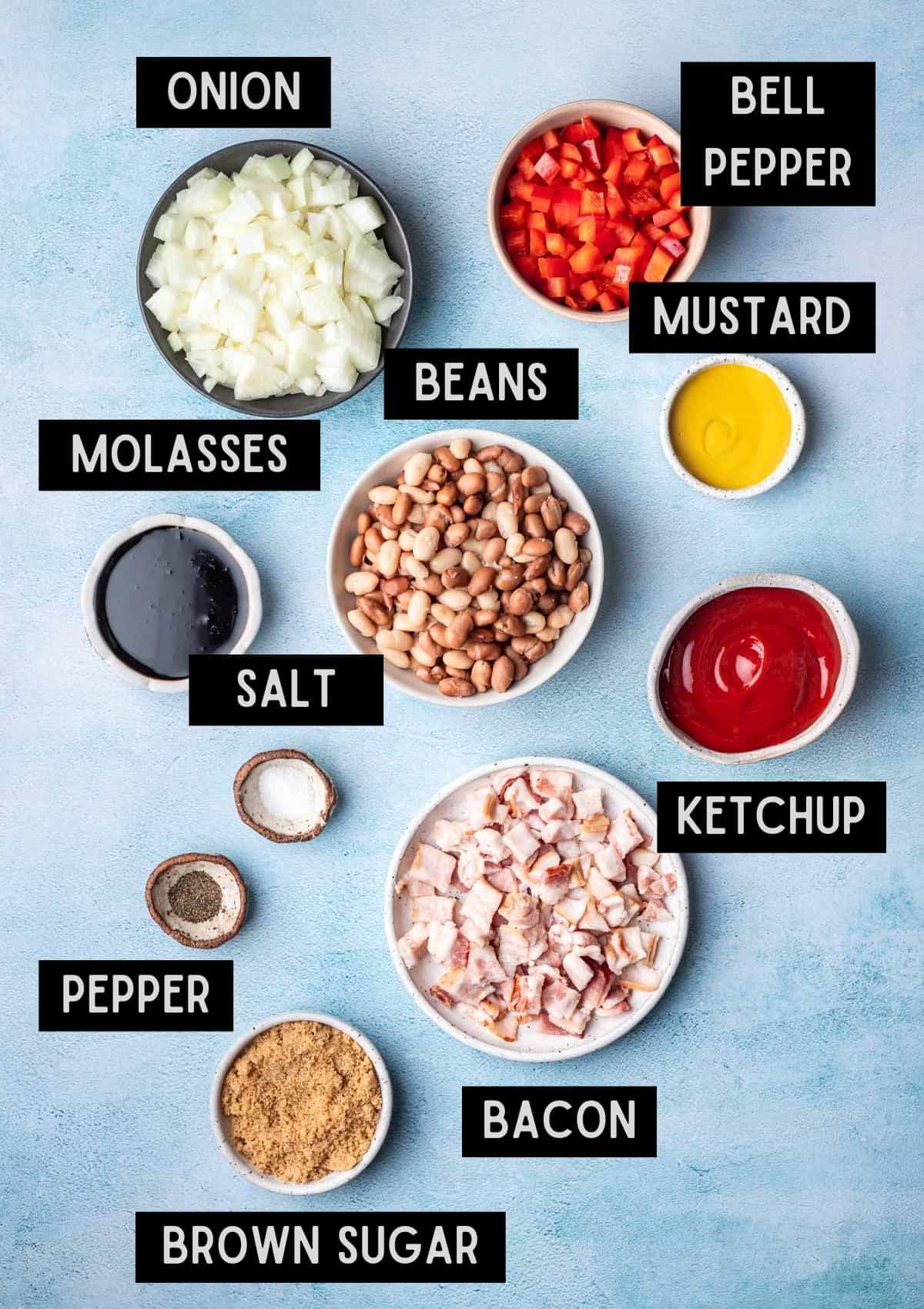 Labelled ingredients for smoked baked beans (see recipe for details).