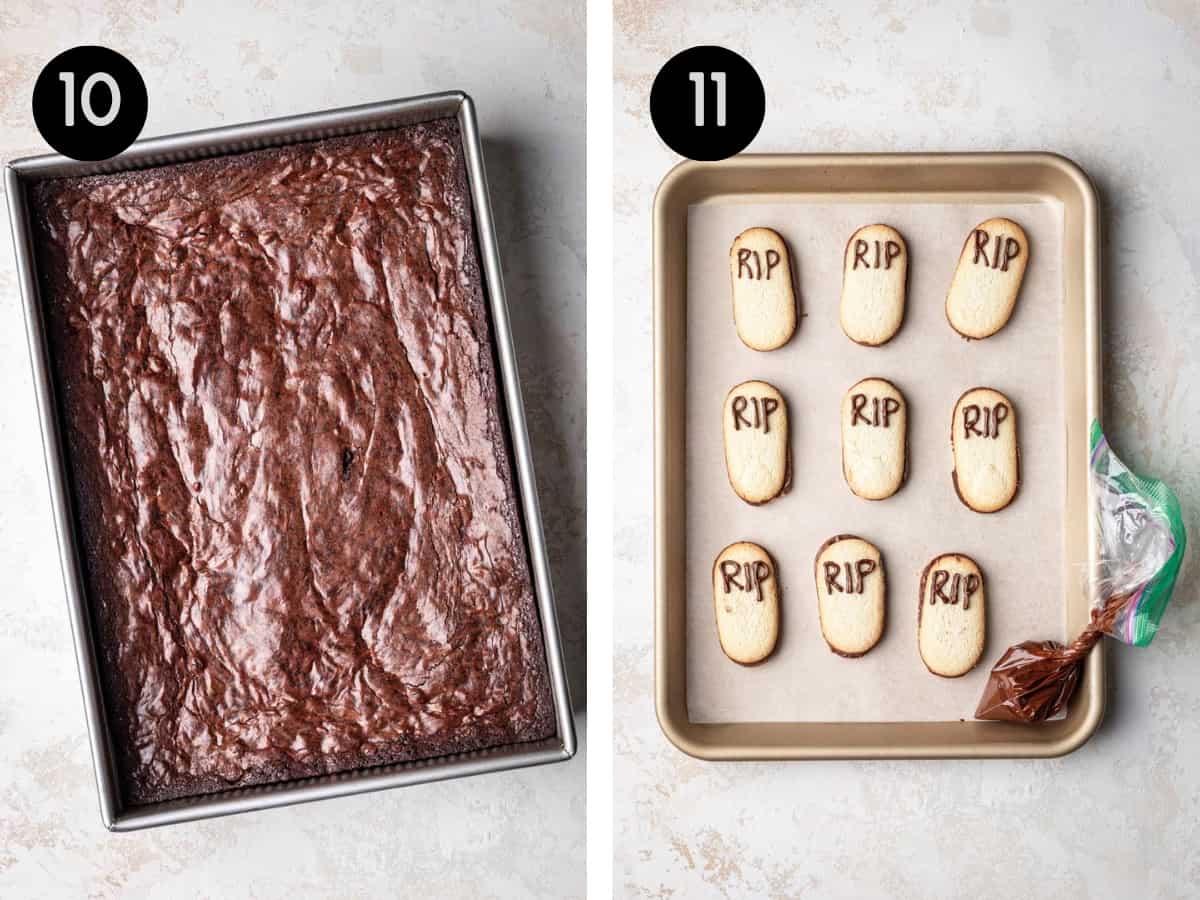 Baked brownies in a baking pan. Oval cookies with chocolate "R-I-P" written on them.