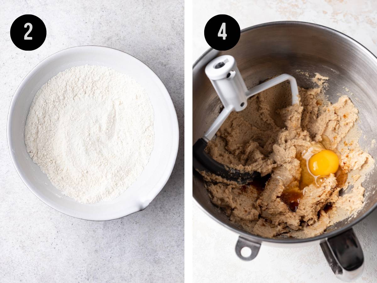 Dry ingredients mixed in a bowl. Then batter mixed in a mixing bowl.