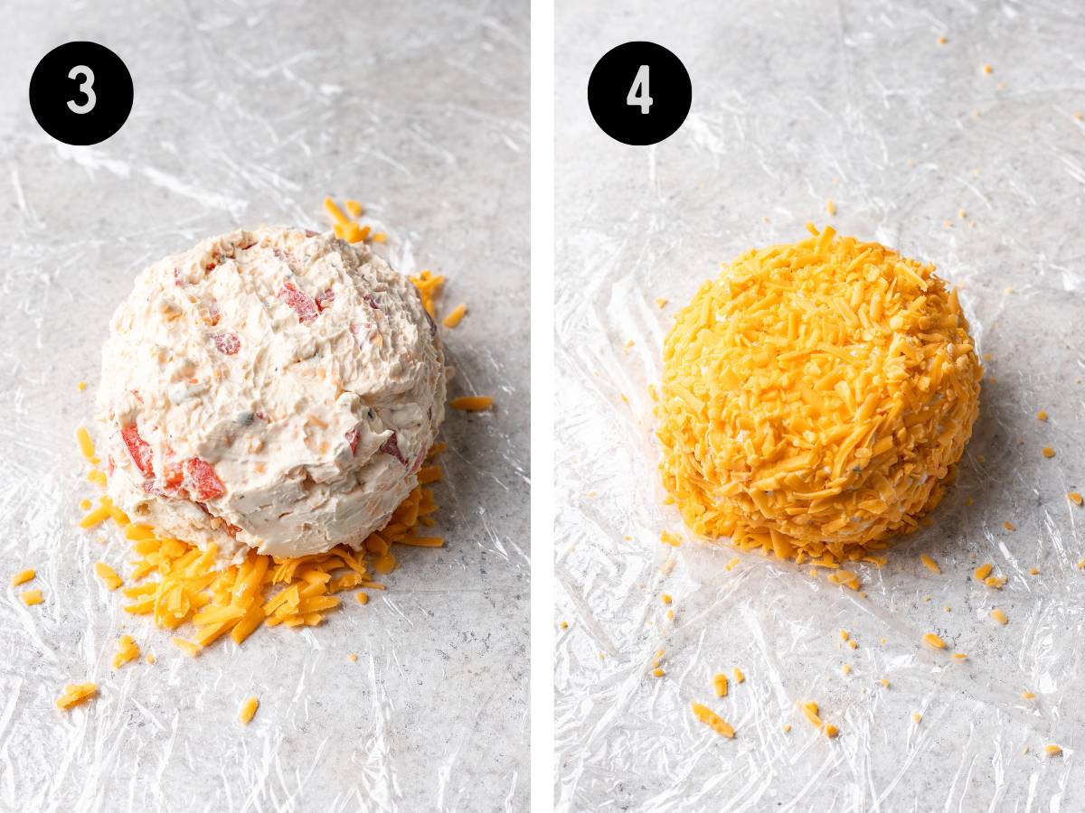 Cheese ball on top of shredded cheese. Then topped with additional shredded cheese.
