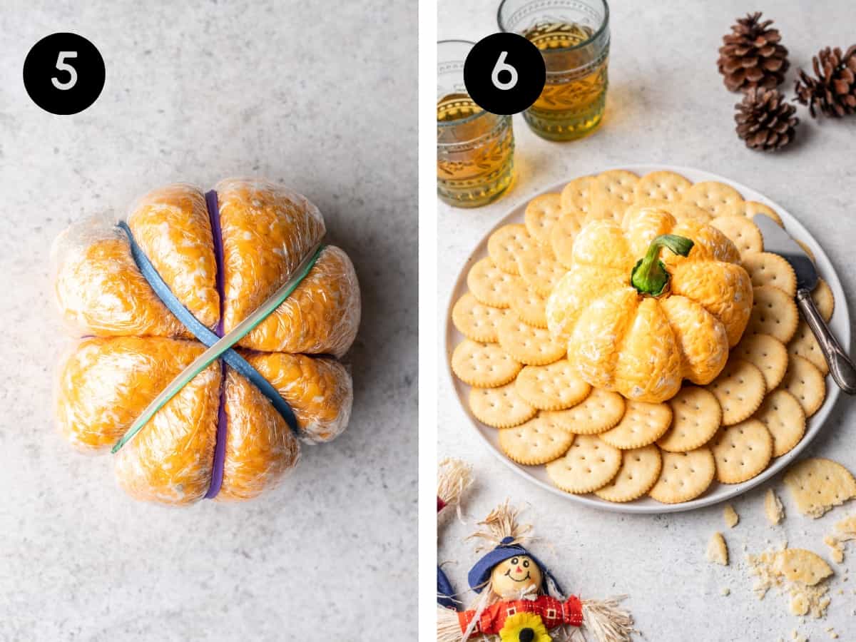 Rubberbands shaping the cheese ball into a pumpkin. Then the pumpkin cheese ball shown with a pepper stem on top.