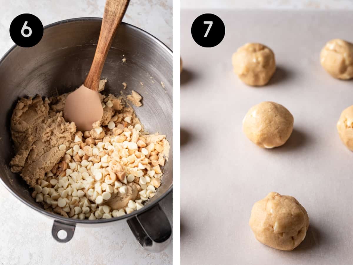 White chocolate chips and macadamia nuts folded into the batter. Balls of cookie dough added to a cookie sheet.