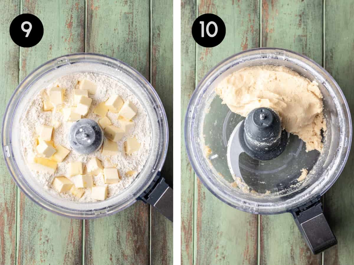 Butter added to the food processor then blended to form a dough.