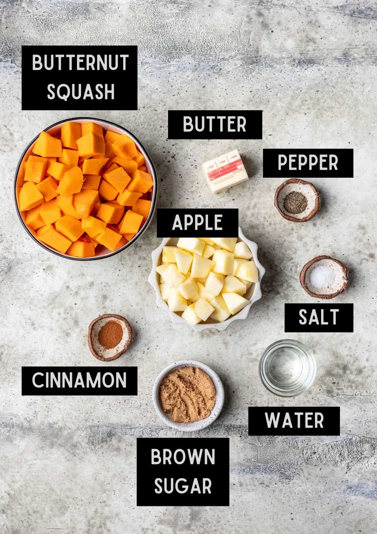 Labelled ingredients for sautéed butternut squash.