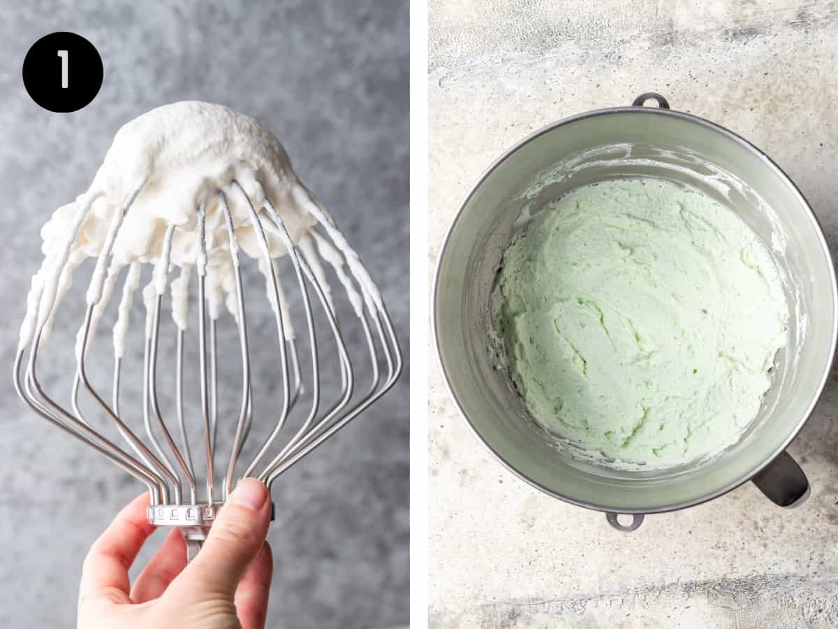 Whipped cream on a large whisk. Then, made into a pistachio cream with pistachio pudding added to the bowl.