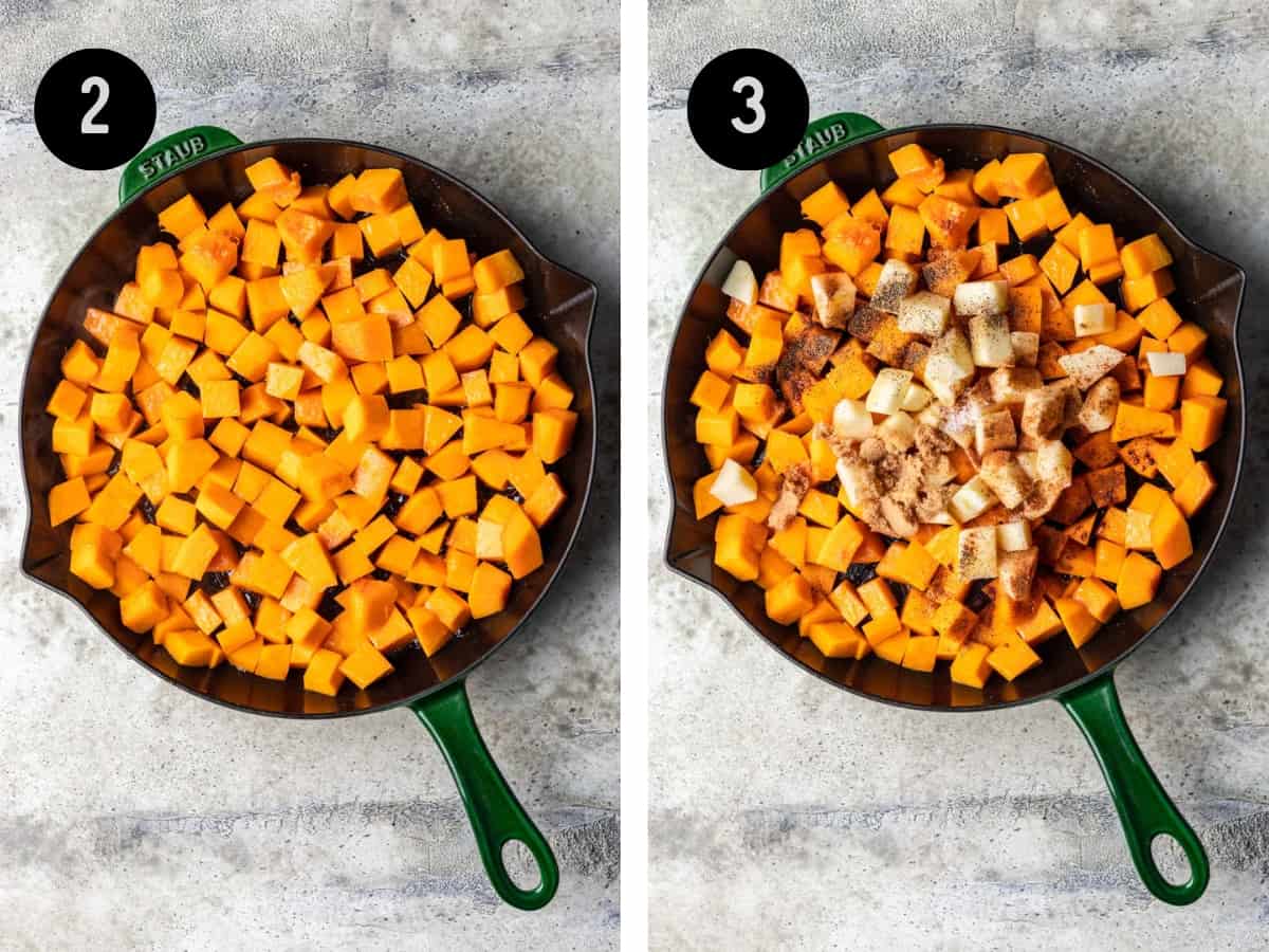 Butternut squash sauteed in a skillet. Then shown with apples and seasonings added to it.