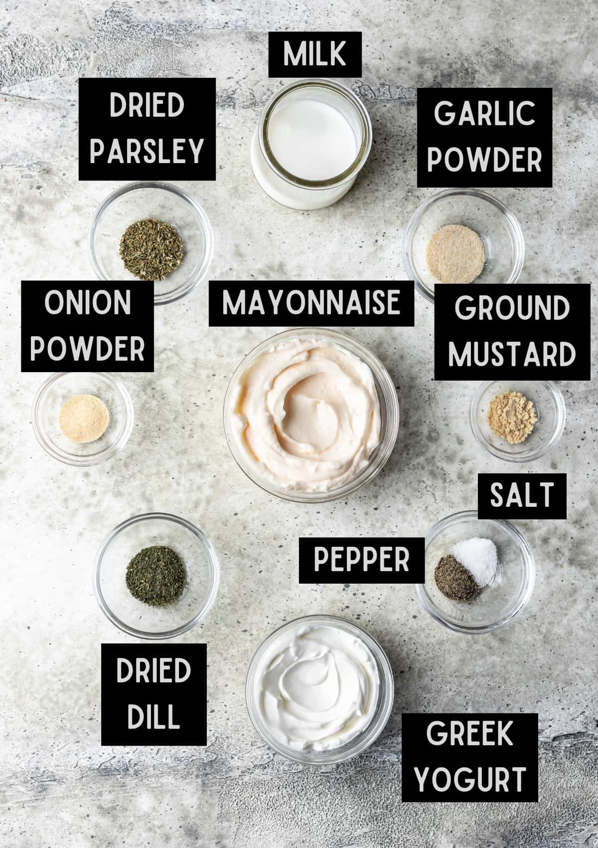 Labelled ingredients for greek yogurt ranch dressing (see recipe for details).