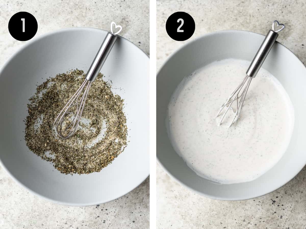 Dried herbs and spices in a mixing bowl. Then mayonnaise, greek yogurt, and milk added to it.