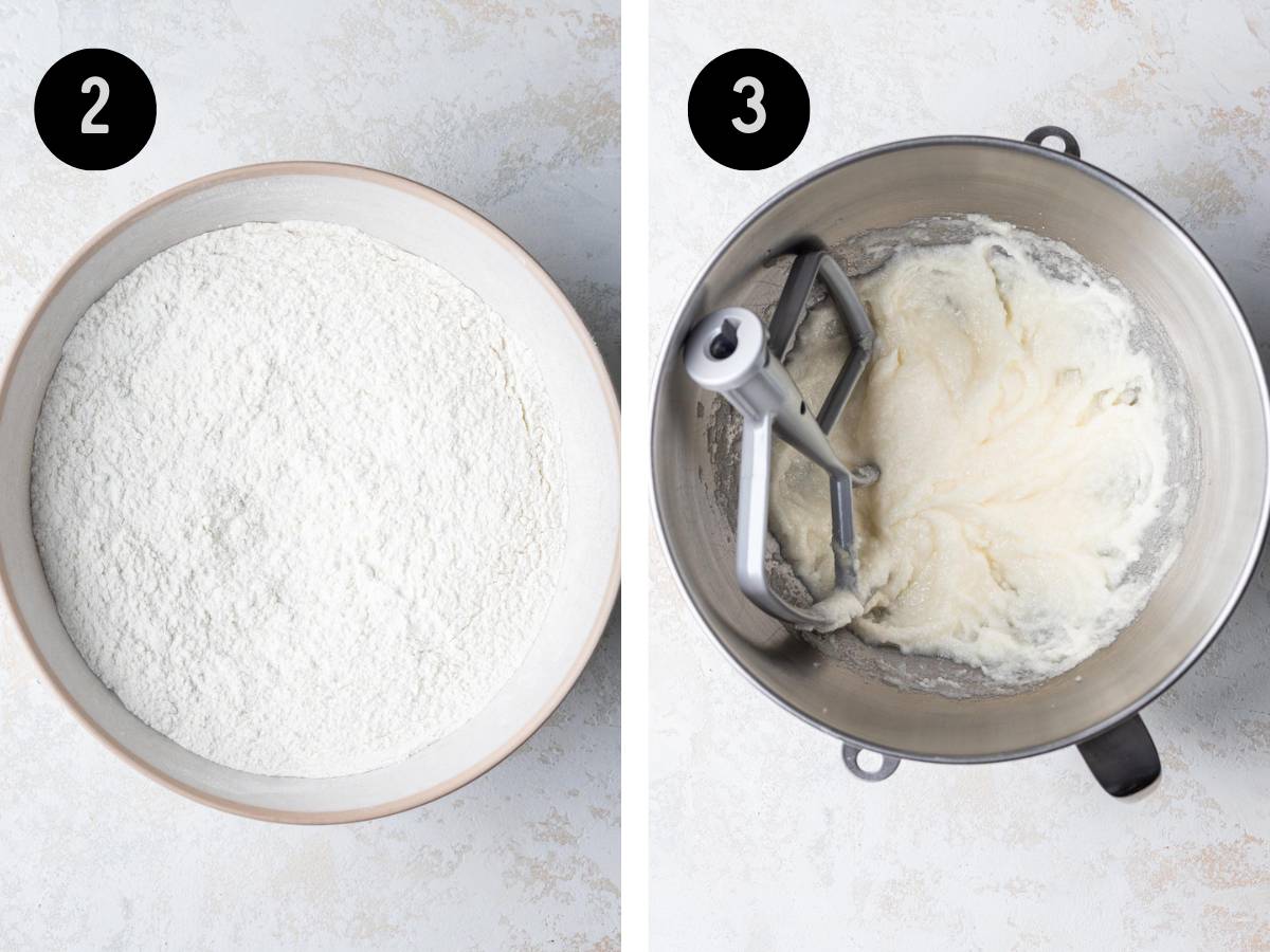 Dry ingredients mixed together in a bowl. Sugar, oil, and butter beaten in another bowl.