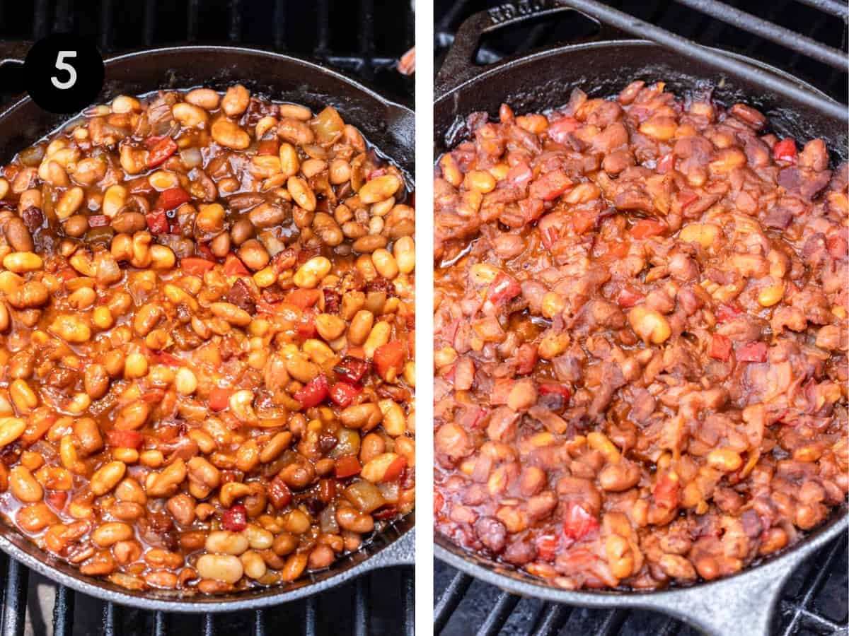 Homemade baked beans in a cast iron skillet on a pellet smoker.