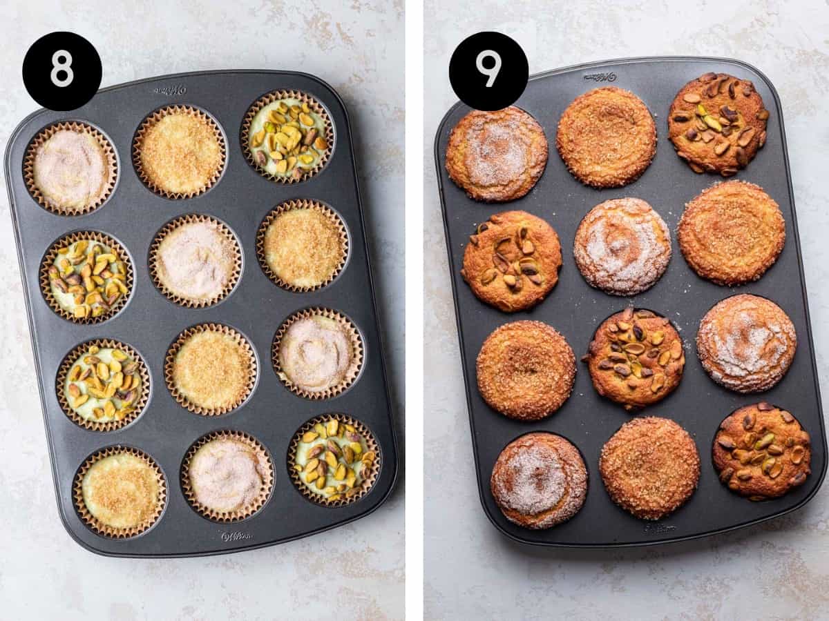 Pistachio muffins in a pan before and after baking.