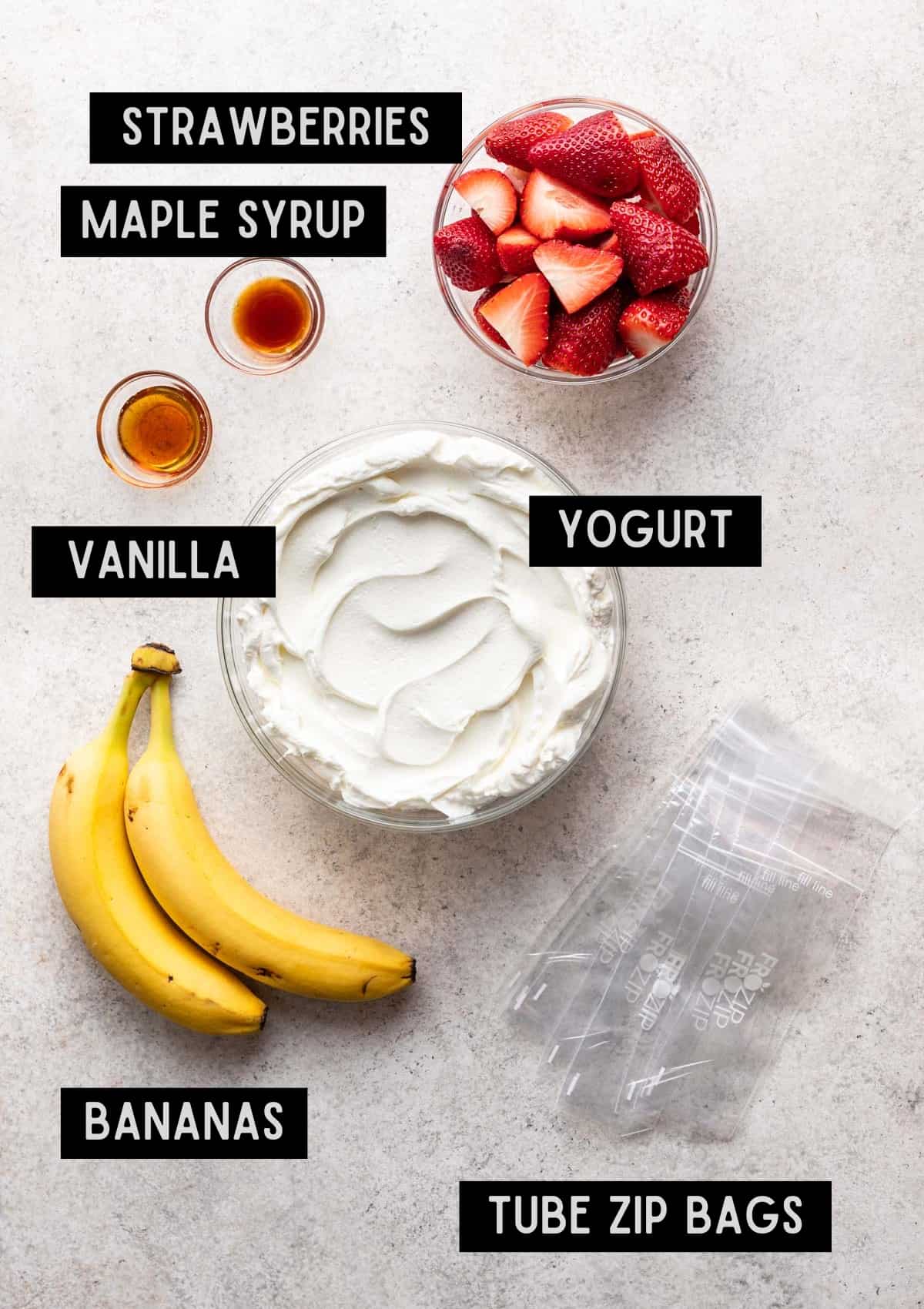Labelled ingredients for strawberry banana gogurts (see recipe for details).