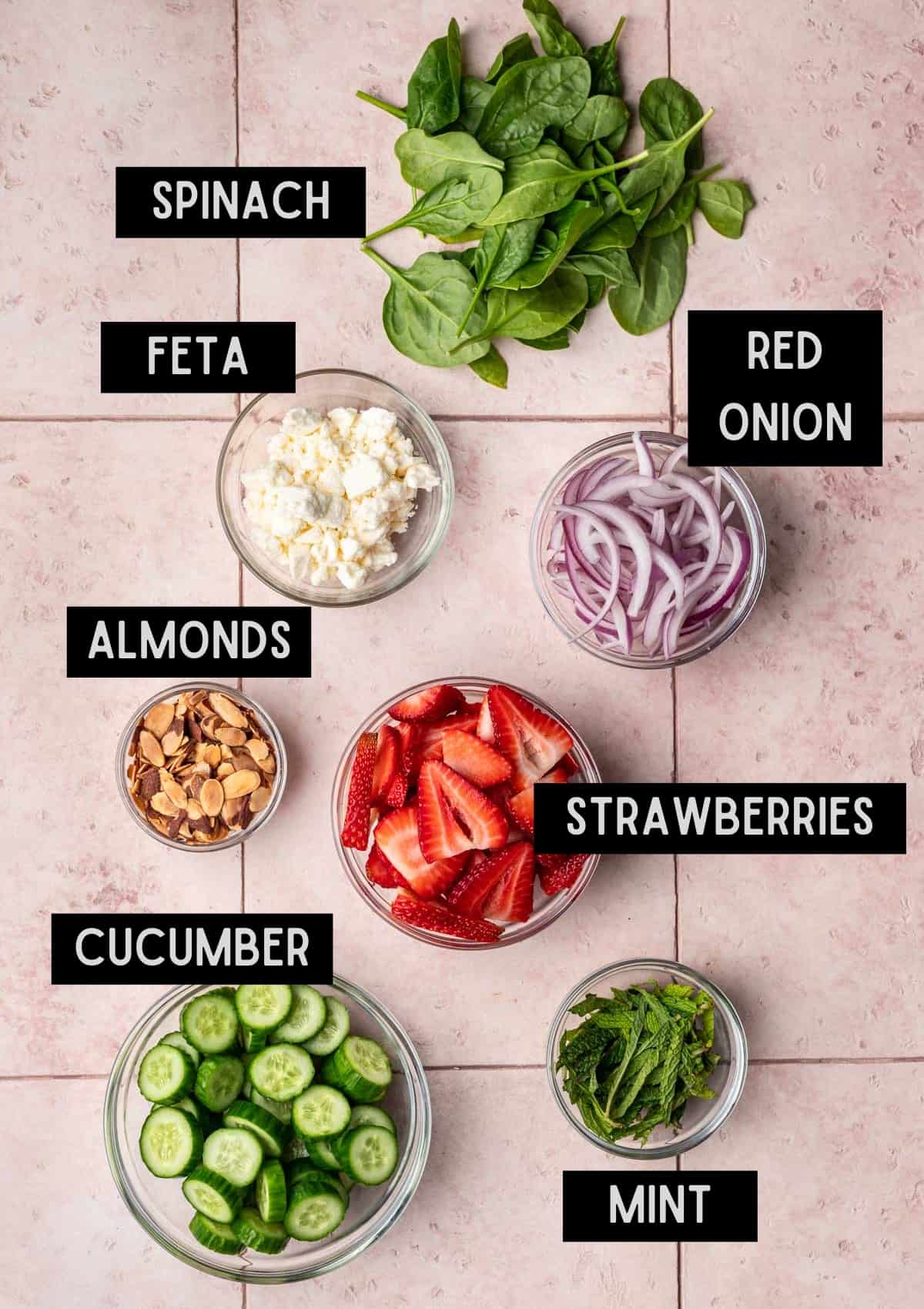 Labelled ingredients for strawberry cucumber salad (see recipe for details).